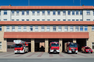 FIRE BRIGADE - Rescue vehicles in front of the fire station building in Kolobrzeg