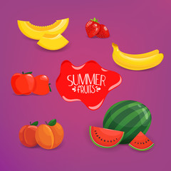 Summer fruits vector set on violet background