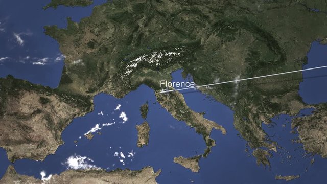 Airliner flying to Florence, Italy from east. 3D animation 