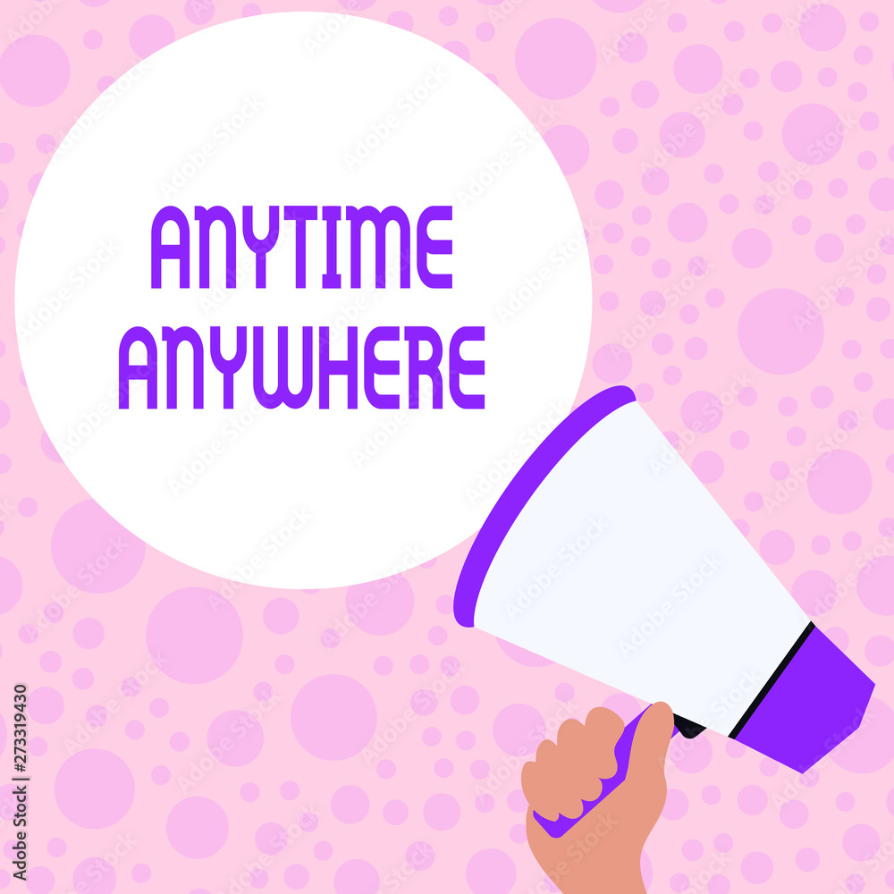 Poster writing note showing anytime anywhere. business concept for saying that you can do something at ever