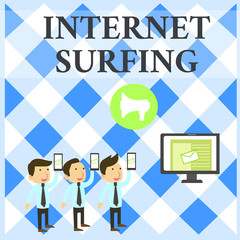 Text sign showing Internet Surfing. Business photo showcasing browsing hundred of websites using any installed browser SMS Email Marketing Media Audience Attraction Personal Computer Loudspeaker