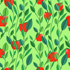 Seamless pattern with green leaves and fruits