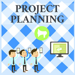 Text sign showing Project Planning. Business photo showcasing schedules such as Gantt charts to plan report progress SMS Email Marketing Media Audience Attraction Personal Computer Loudspeaker