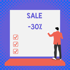 Text sign showing Sale 30 Percent. Business photo text A promo price of an item at 30 percent markdown Back view young man dressed suit standing platform facing blank rectangle