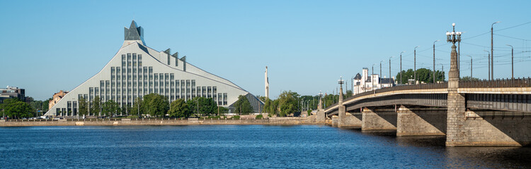 View of the Latvian National Library and the Stone Bridge (Latvian- Akmens tilts) in Riga. It was...