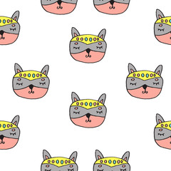 Abstract seamless pattern with animals. Soft colors. Colorful children's illustration. Print for textiles, packaging, children's clothing.White background.Cute raccoon, skunk, beaver.