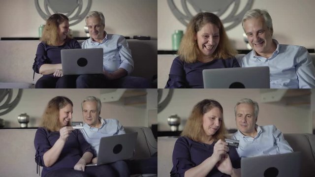 Collage of smiling middle-aged Caucasian couple sitting on sofa in living room, finding goods, rejoicing, clapping hands, paying online with credit card. Modern technology, online shopping concept
