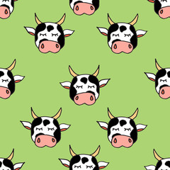 Abstract seamless pattern with animals. Soft colors. Colorful children's illustration. Print for textiles, packaging, children's clothing.Green background.Cute cow, bull.