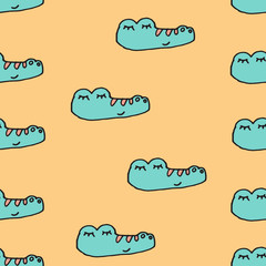 Abstract seamless pattern with animals. Soft colors. Colorful children's illustration. Print for textiles, packaging, children's clothing.Cute crocodile, aligator on an orange background.