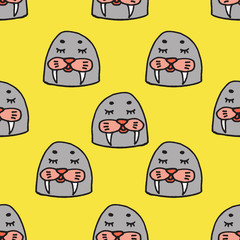 Abstract seamless pattern with animals. Soft colors. Colorful children's illustration. Print for textiles, packaging, children's clothing.Yellow background.Cute walrus seal.