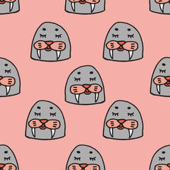 Abstract seamless pattern with animals. Soft colors. Colorful children's illustration. Print for textiles, packaging, children's clothing.Pink background.Cute walrus seal.
