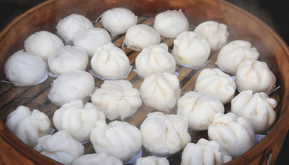steamed dumpling on bamboo pan boiled and hot chinese stuff bun
