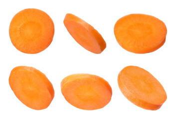 Set of cut fresh ripe carrot on white background, closeup