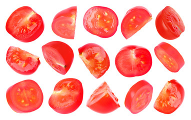 Set of cut red cherry tomatoes on white background