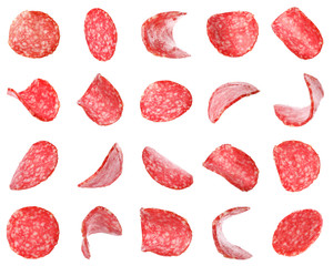 Set of flying cut fresh sausage on white background - obrazy, fototapety, plakaty