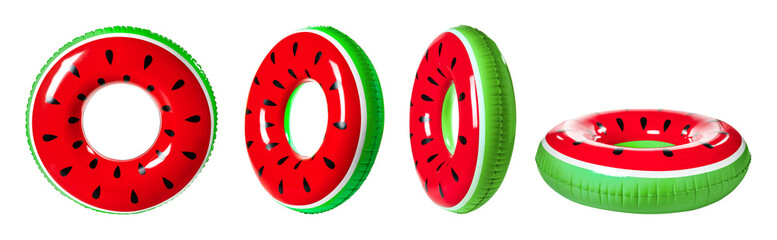 Set of bright inflatable rings on white background