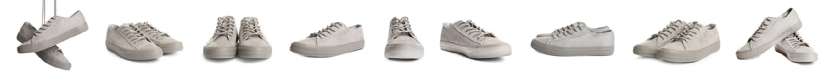 Pair of female shoes on white background