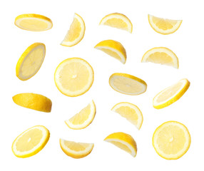 Set of flying cut fresh juicy lemon on white background - obrazy, fototapety, plakaty