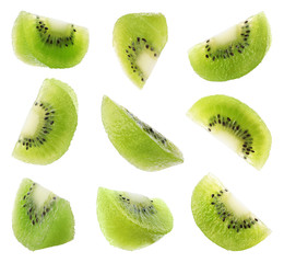 Set of cut fresh juicy kiwi on white background