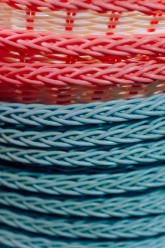 Decorative Wicker Basket. The Texture Of The Weave. Basket Pink And Blue.