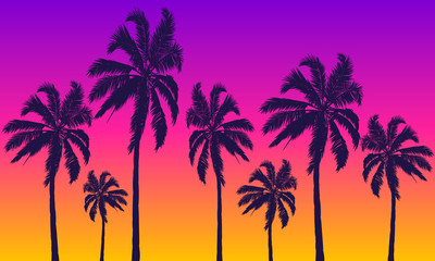 Naklejka na ściany i meble Summer yellow violet background with palm trees at sunset, vector art illustration.