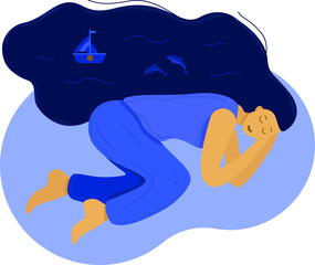 Sleeping girl with river-shaped hair. Dolphins swim in the hair of a girl. The concept of sleep and rest. Creative illustration vector