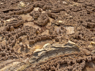 Salt crystals in the Danakil depression create solid craters of various sizes. Ethiopia