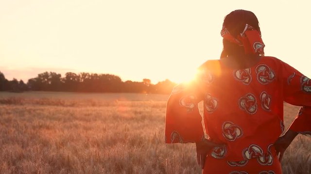 HD Video clip of African woman farmer in traditional clothes standing hands on hips in a field of crops at sunset or sunrise