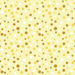 Seamless polka dot pattern. Geometric vector background in gold. Spot of different sizes placed randomly. Useful for fabric print, interior decorating, home textiles, cloth, wrapping paper, apparel