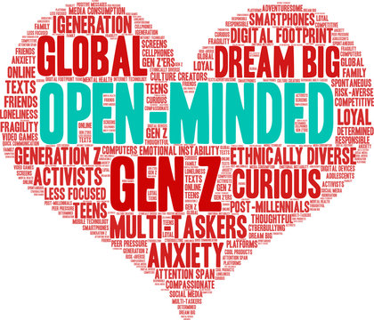 Open-Minded Gen Z Word Cloud on a white background. 