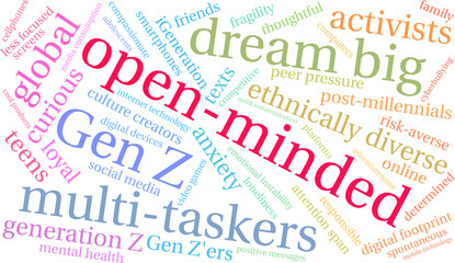 Fototapeta premium Open-Minded Generation Z Word Cloud on a white background. 