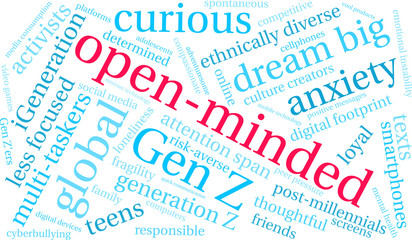 Open-Minded Generation Z Word Cloud on a white background. 