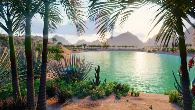 An amazing fantasy oasis in the desert. Clear day. Distant mountains, sand dunes, palm trees and a sultry sky with clouds. Beautiful natural loop background.
