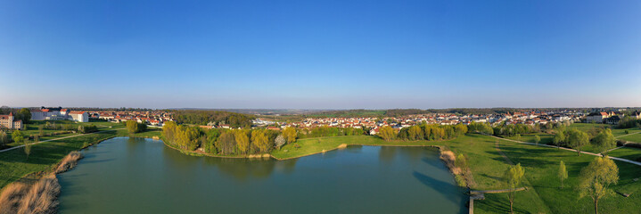 Panoramic aerial view of Lake Magny-le-Hongre