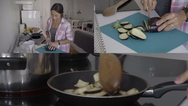 Collage of medium and close up shots of pretty Caucasian woman in spectacles and roe striped homewear cooking at kitchen, cutting and frying eggplants. Cooking concept 