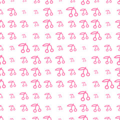 Seamless pattern with thin line cherries, fruit background, different sizes berries. White background. Vector illustration.