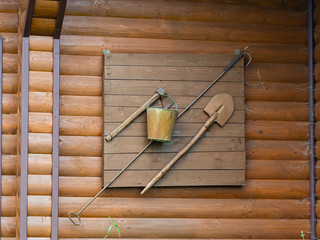  retro old fire fighting equipment axe, shovel, bucket.  Still used