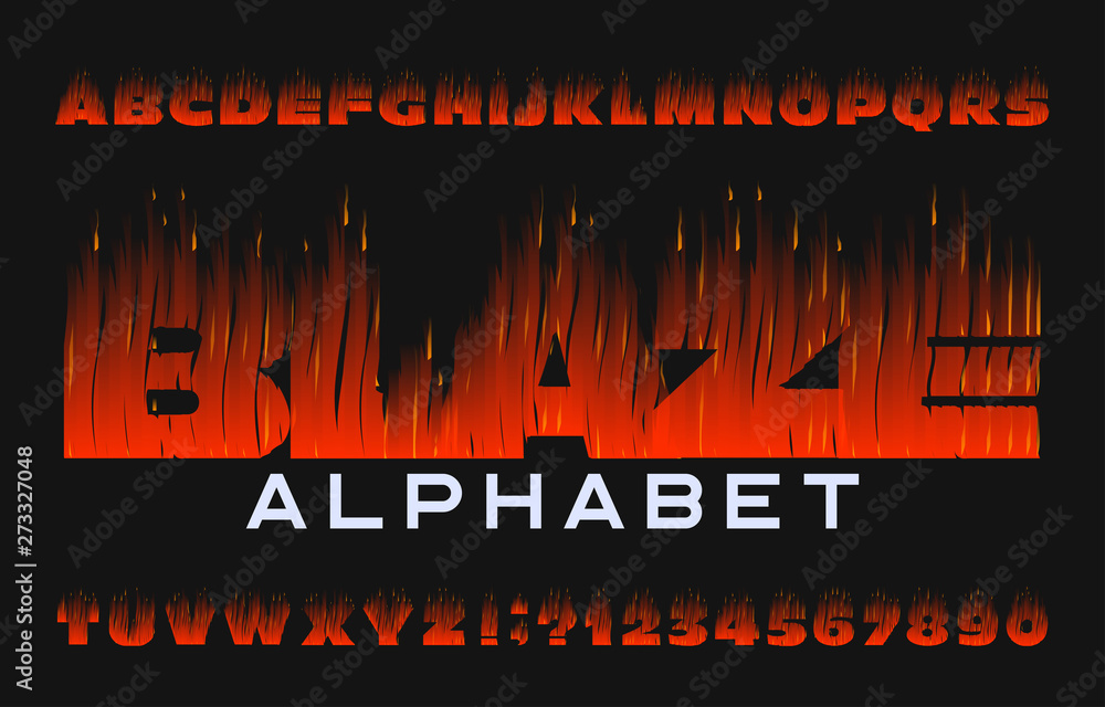 Fototapete blaze alphabet font. flame effect type letters and numbers on dark background. stock vector typeface