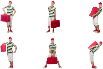 Young man with red suitcase isolated on white 