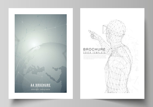 Vector layout of A4 format modern cover mockups design templates for brochure, magazine, flyer, booklet, annual report. Technology, science, future concept abstract futuristic backgrounds.