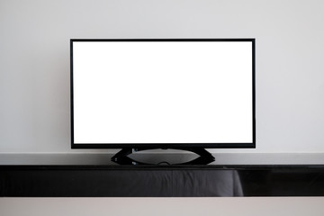 Blank LED TV on TV stand with white background, can use for design.