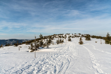 Fototapeta na wymiar winter Jeseniky mountains scenery from hiking trail bellow Pecny hill in Czech republic