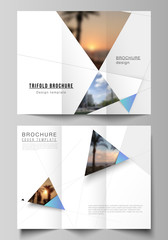 The minimal vector layouts. Modern creative covers design templates for trifold brochure or flyer. Creative modern background with blue triangles and triangular shapes. Simple design decoration.