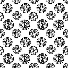 Black and white circle, round grunge polka dot, seamless pattern, wrapping paper. Vector illustration.