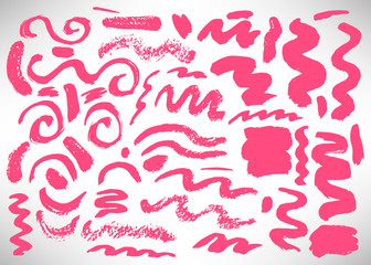 Obraz premium Set of hand drawn pink grunge elements, banners, brush strokes isolated on white. Vector illustration.