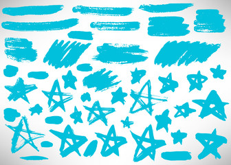 Set of hand drawn blue grunge elements, banners, brush strokes isolated on white. Vector illustration.