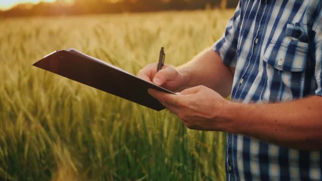 Side view of The farmer signs the document and shakes hands with a partner. On the background of a wheat field