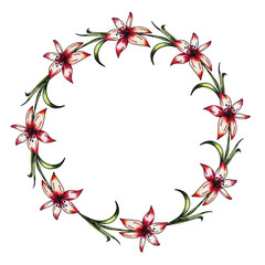 Decorative wreath of flowers. Decorative lilies drawn by hand on an isolated white background. Element for design and greeting card.