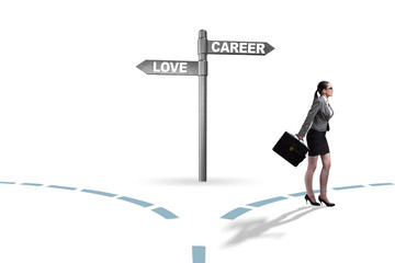 Businesswoman having hard choice between love and career