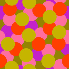 Colorful dotted seamless pattern with round geometrical shapes. Messy infinity texture, bright modern background. Vector illustration.